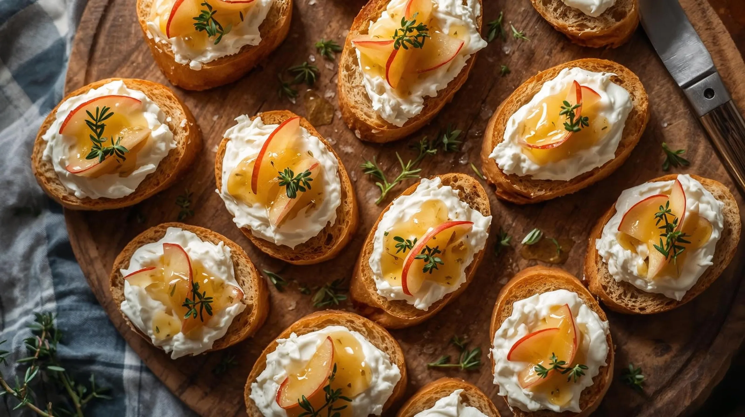 Whipped goat cheese and apple crostini with hot honey on a wooden board, perfect appetizer.