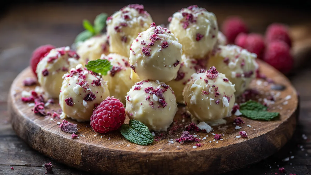 Delicious White Chocolate Raspberry Balls with Freeze-Dried Raspberry Garnish