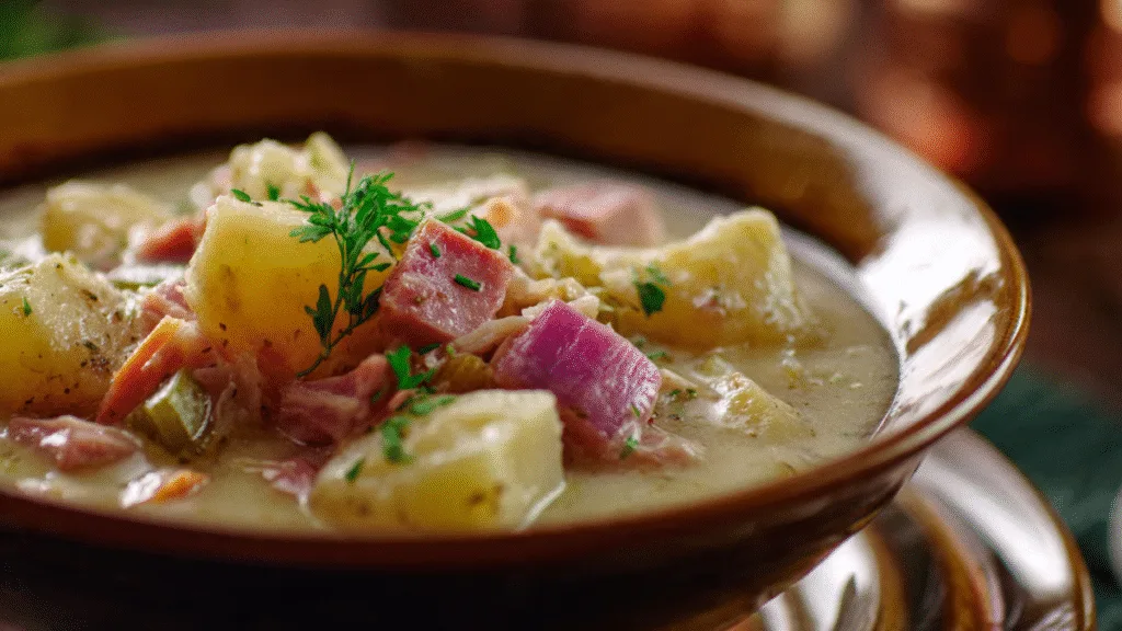 Close-up of a delicious serving of Yukon Gold Potato and Ham Soup garnished with fresh herbs, ready to eat.