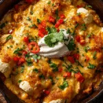Zesty Banana Pepper Chicken Enchiladas in a skillet, garnished with cilantro and sour cream.