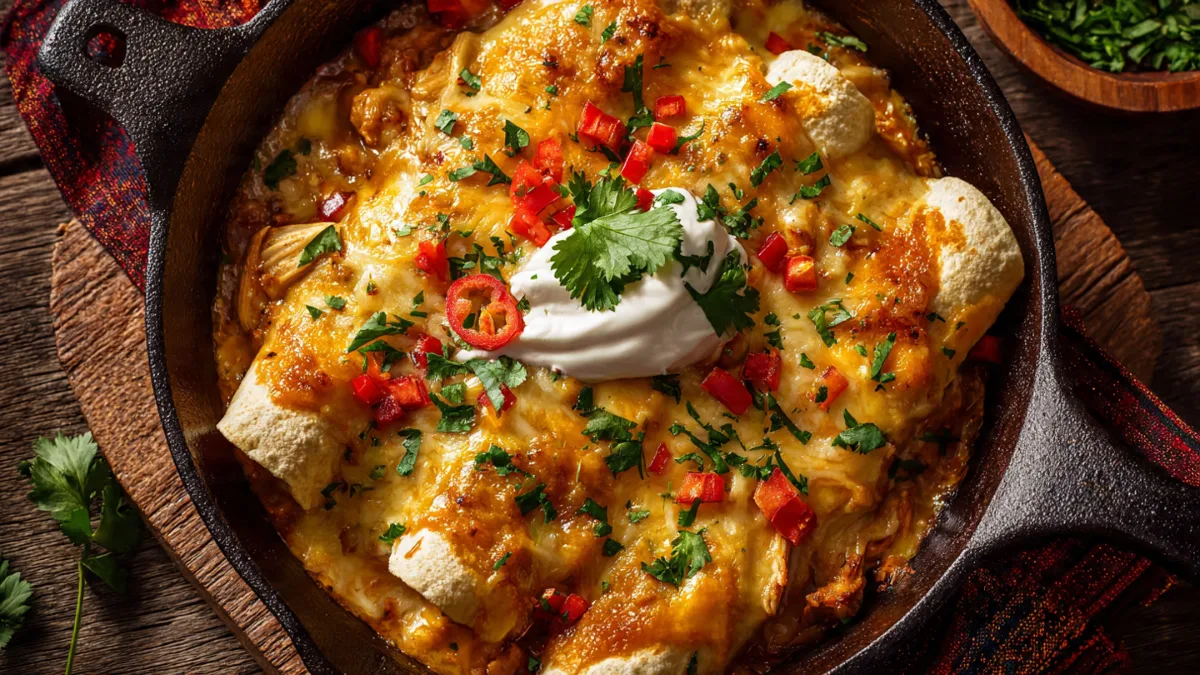 Zesty Banana Pepper Chicken Enchiladas: Your New Weeknight Obsession! Banana Pepper Chicken Enchiladas Zesty Banana Pepper Chicken Enchiladas in a skillet, garnished with cilantro and sour cream.
