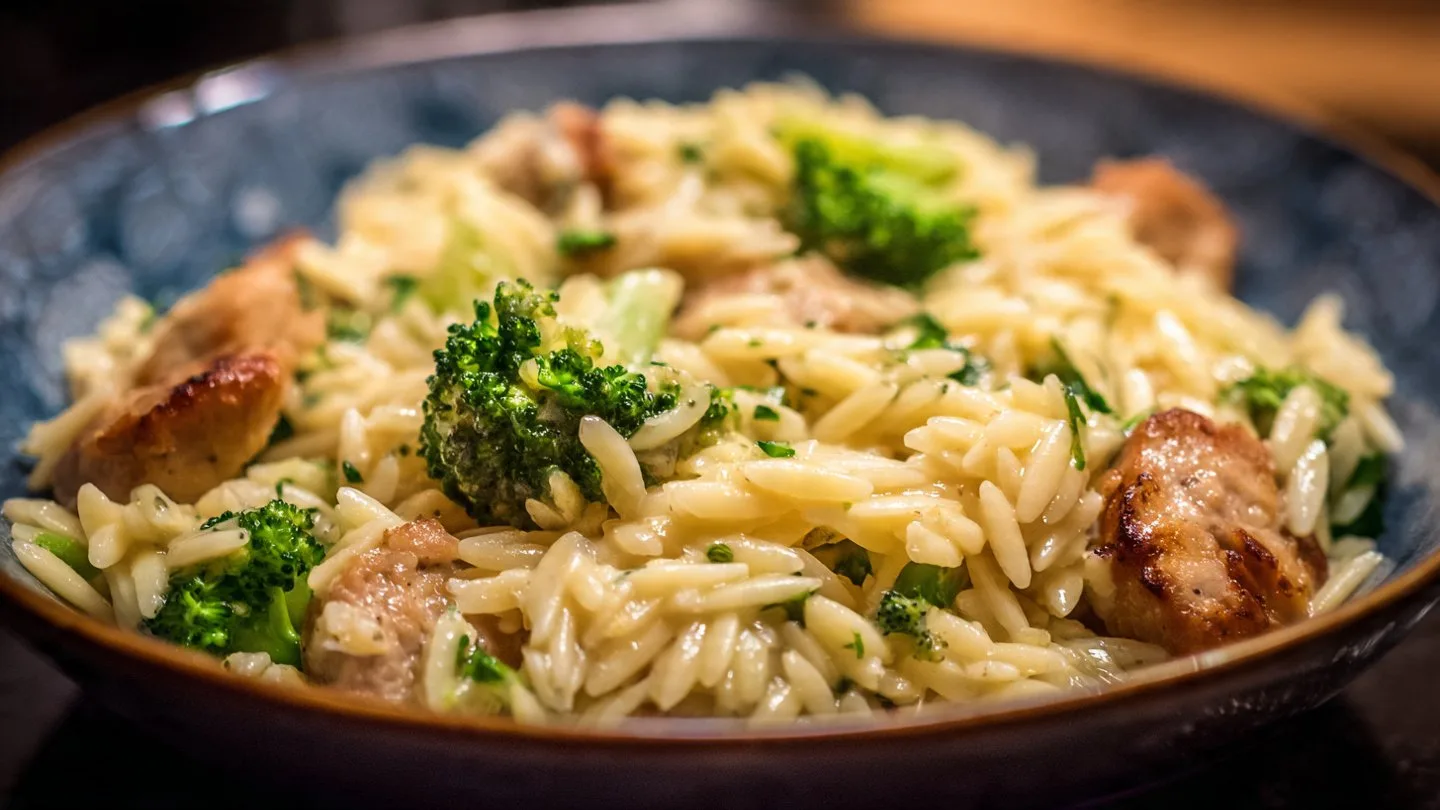 Creamy Orzo with Chicken Sausage and Broccoli Creamy Orzo Bowl of creamy orzo with chicken sausage and broccoli garnished with parsley.