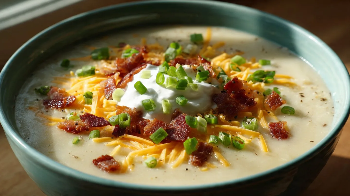 Loaded Potato Soup Potato Soup A bowl of loaded potato soup garnished with bacon, cheese, and green onions.