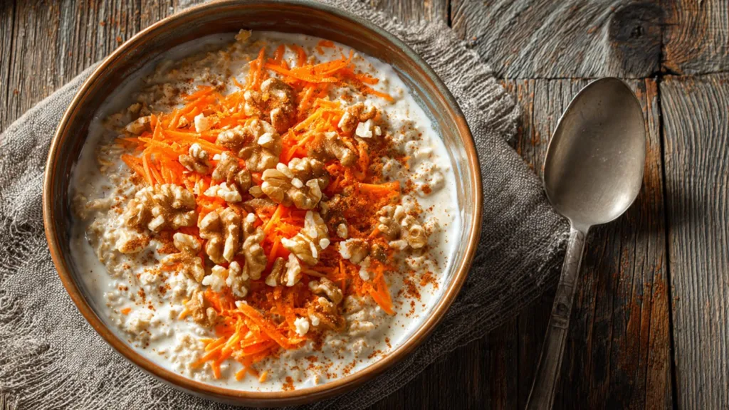 A bowl of carrot cake oatmeal topped with nuts and raisins.