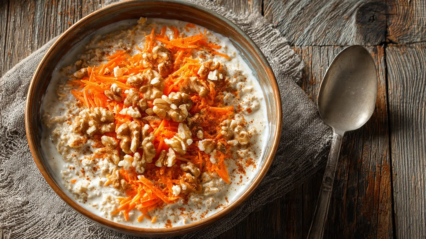 Carrot Cake Oatmeal carrot cake A bowl of carrot cake oatmeal topped with nuts and raisins.