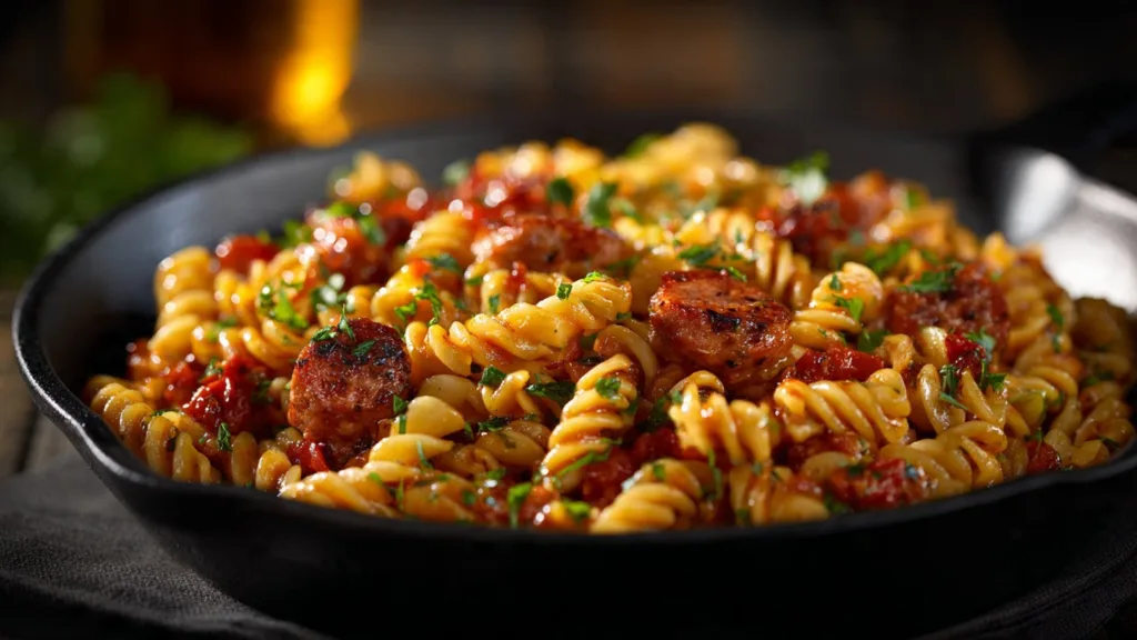 one-skillet spicy honey BBQ sausage & pasta
