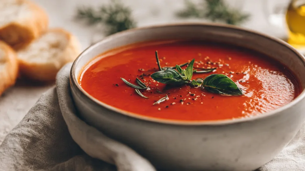 Bowl of rich Tomato Basil Soup garnished with fresh basil leaves