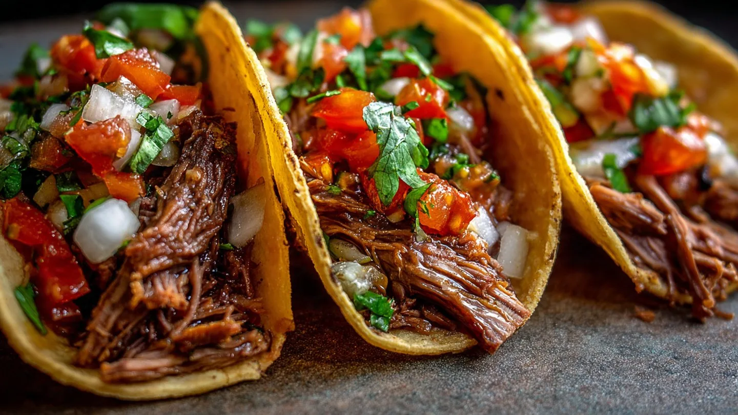 Slow-Cooked Chuck Roast Tacos chuck roast tacos Delicious slow-cooked chuck roast tacos topped with fresh ingredients.