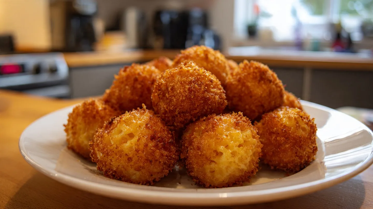 Fried Mac and Cheese Bites mac and cheese Crispy Fried Mac and Cheese Bites on a plate garnished with herbs