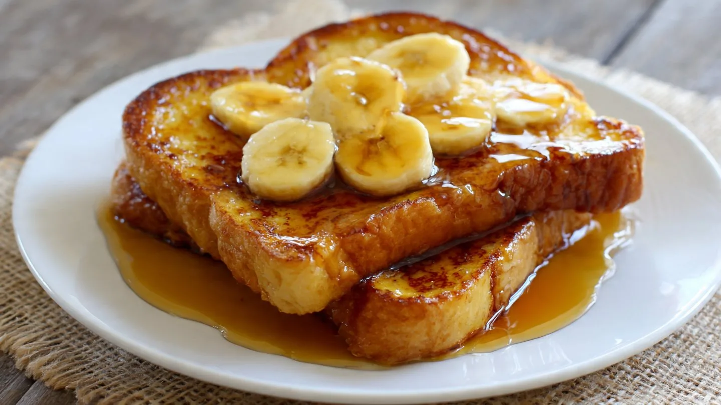 Caramelized Banana French Toast banana french toast Delicious Caramelized Banana French Toast topped with syrup and fresh bananas