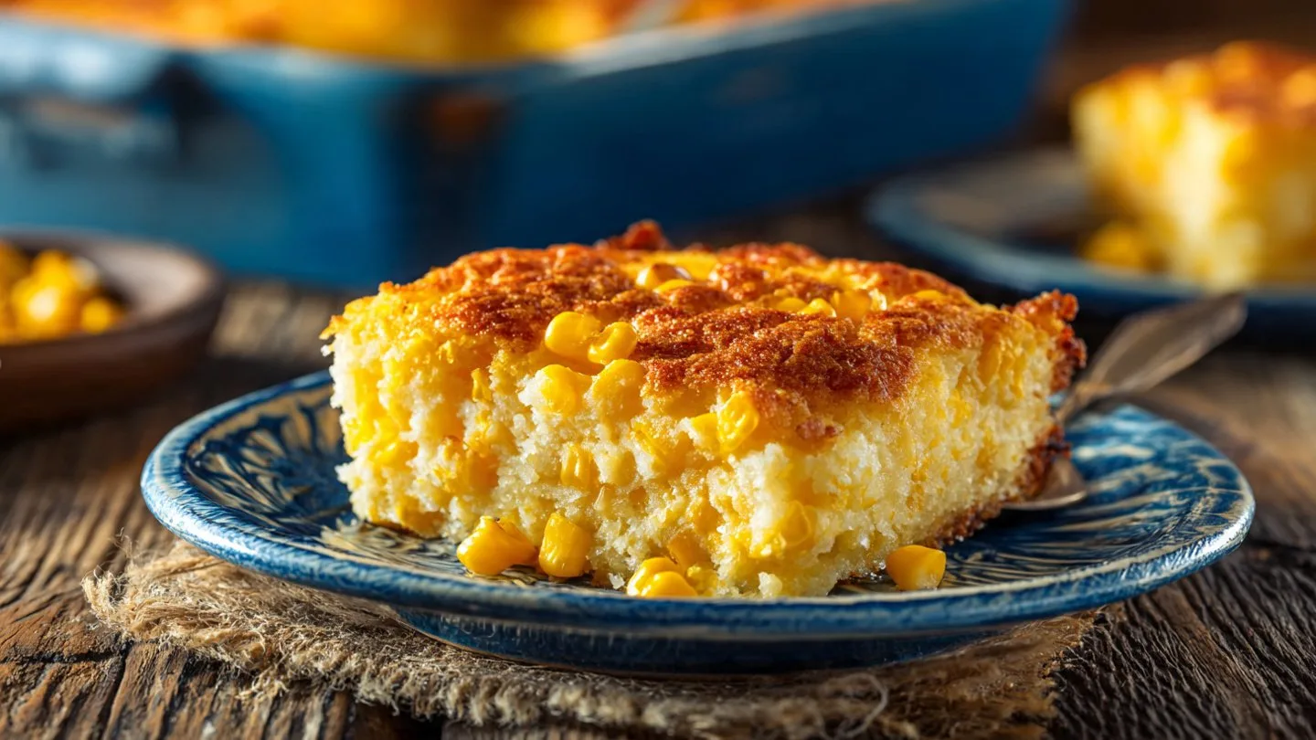 Grandma's Corn Pudding corn pudding A golden dish of Grandma's Corn Pudding, warm and inviting, served in a rustic kitchen.
