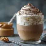 Delicious peanut butter iced coffee in a glass with ice cubes and whipped cream.