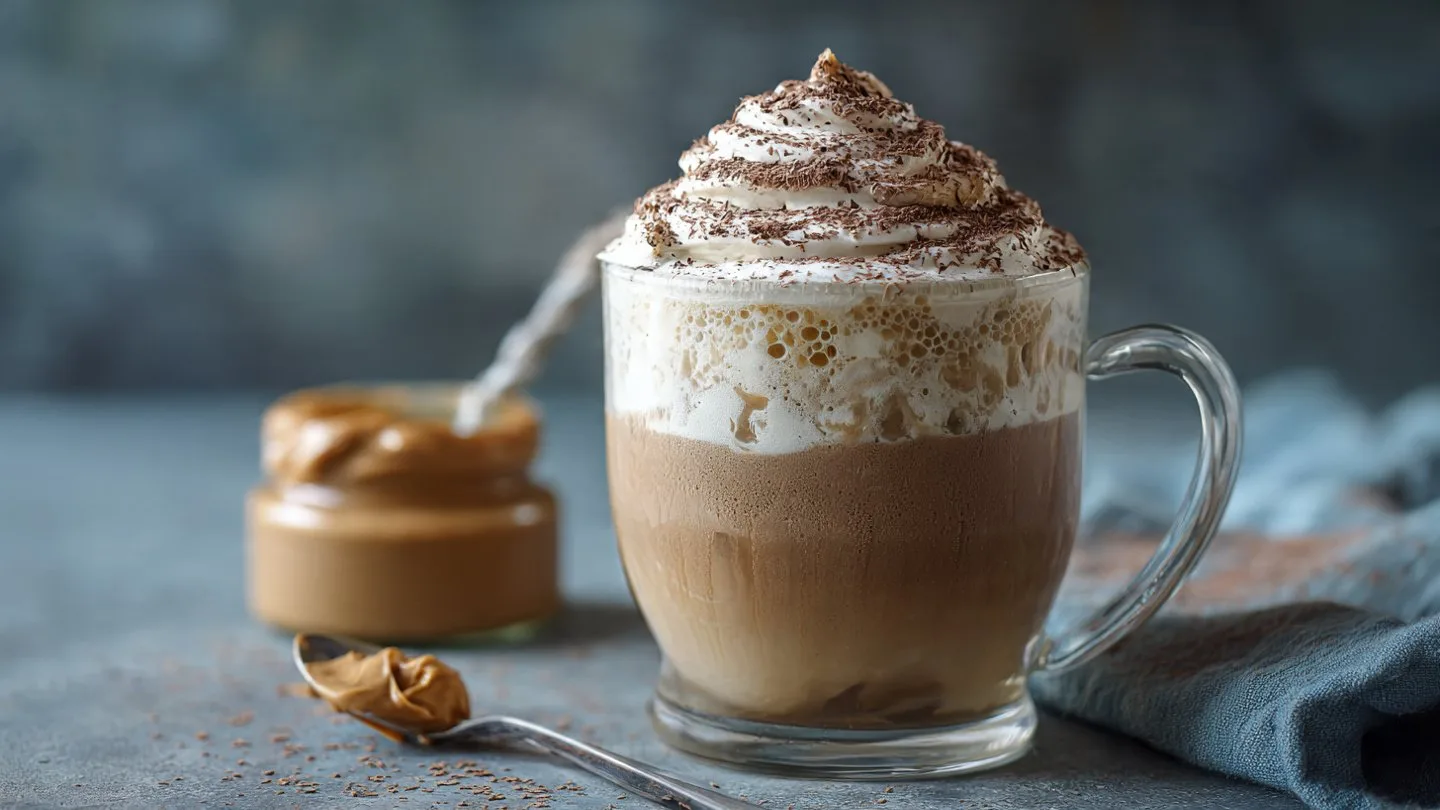 Peanut Butter Iced Coffee peanut butter iced coffee Delicious peanut butter iced coffee in a glass with ice cubes and whipped cream.