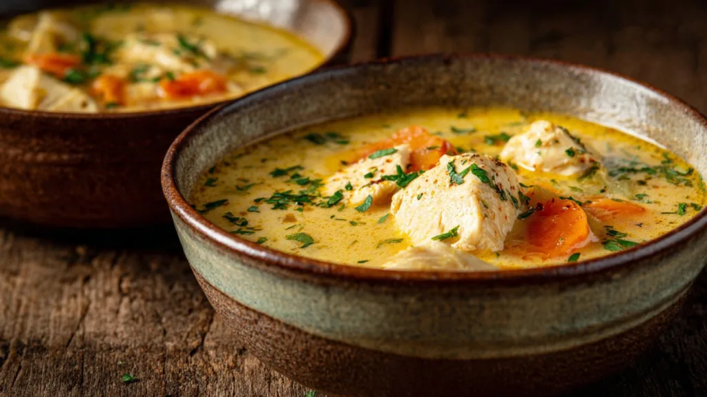 Low-Carb Chicken Cordon Bleu Soup in a bowl with garnishes