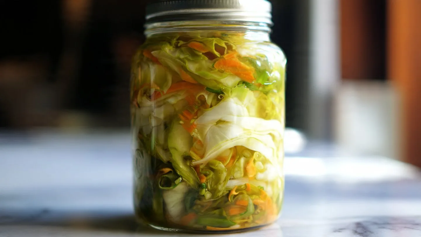 Cabbage Pickles cabbage pickles A jar of homemade cabbage pickles with fresh herbs and spices