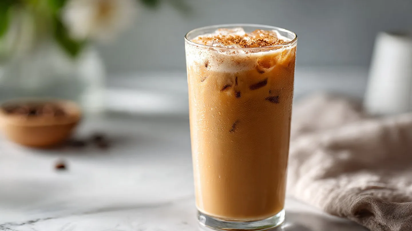 Brown Sugar Vanilla Iced Coffee iced coffee Refreshing Brown Sugar Vanilla Iced Coffee served in a glass with ice cubes.