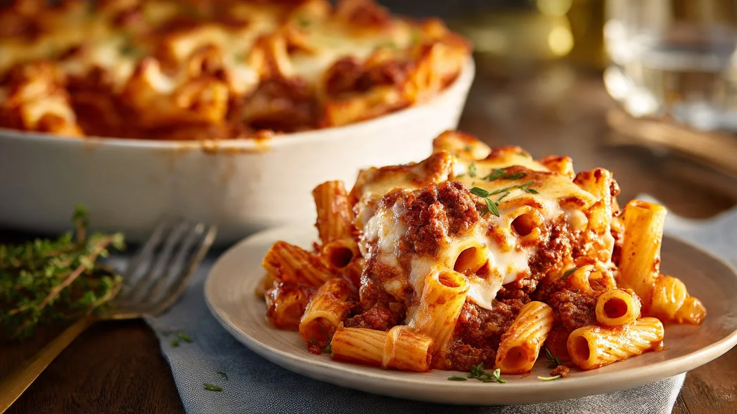 Baked Ziti with Sausage Baked Ziti Plate of baked ziti with sausage, cheese, and herbs, a delicious Italian dish.