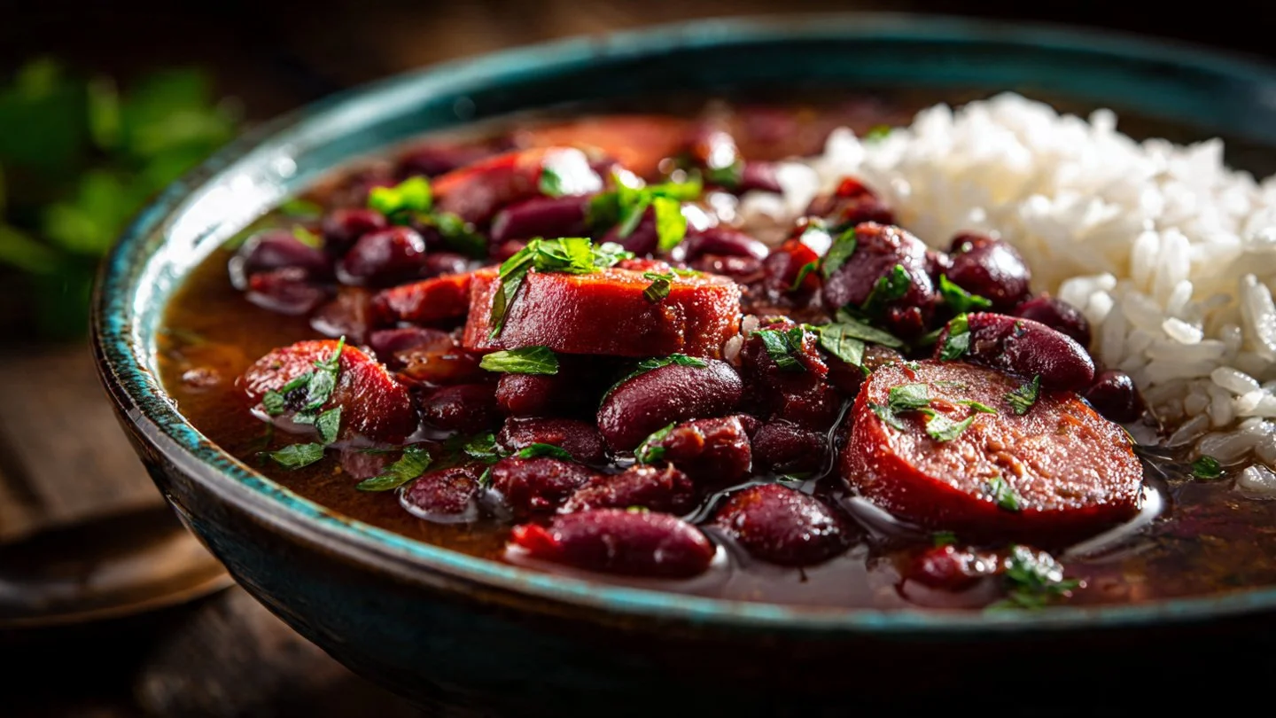 A delicious plate of Authentic Louisiana Red Beans and Rice with sausage