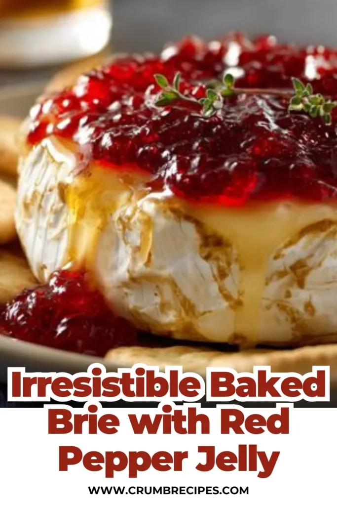 Baked Brie topped with red pepper jelly on a wooden board