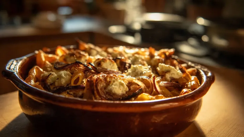 Balsamic Onion and Goat's Cheese Pasta Bake served in a baking dish