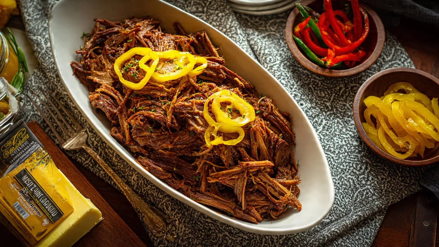 Mississippi Pot Roast Mississippi Pot Roast Delicious Mississippi Pot Roast served with vegetables on a plate