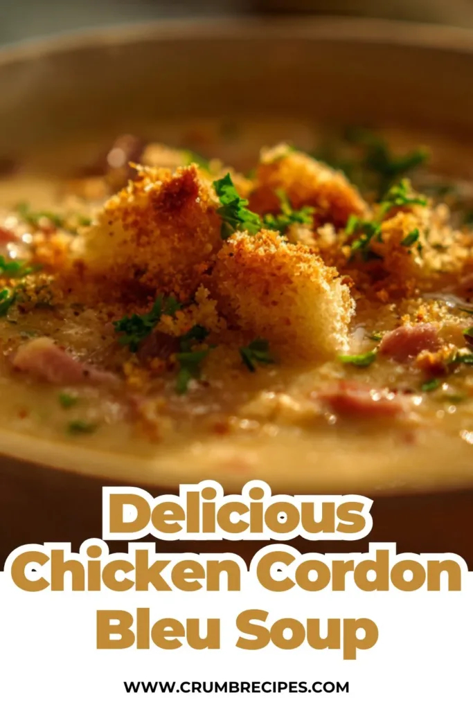 Chicken Cordon Bleu Soup Chicken Cordon Bleu Delicious Chicken Cordon Bleu Soup in a bowl, garnished with herbs.