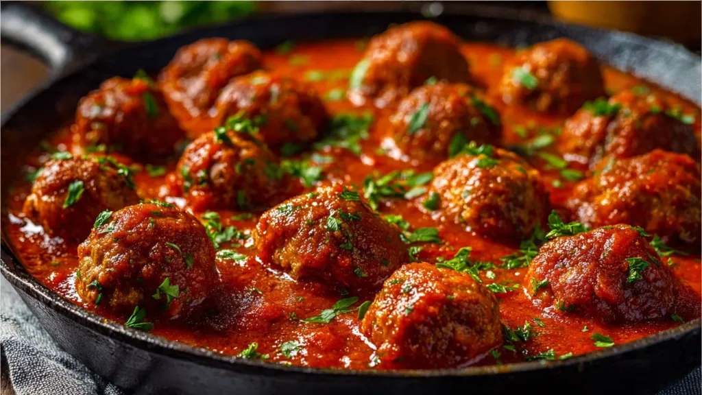 Plate of classic Italian-American meatballs with marinara sauce and spaghetti