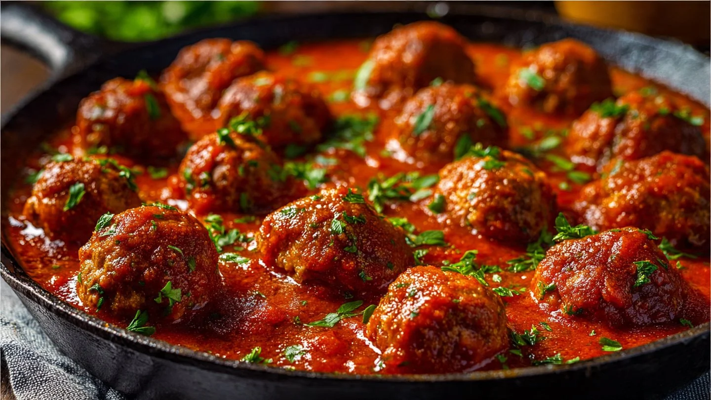 Plate of classic Italian-American meatballs with marinara sauce and spaghetti