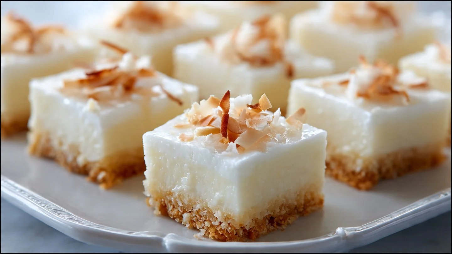 Coconut Rum Snow Squares coconut rum Coconut Rum Snow Squares topped with coconut flakes and a drizzle of rum sauce