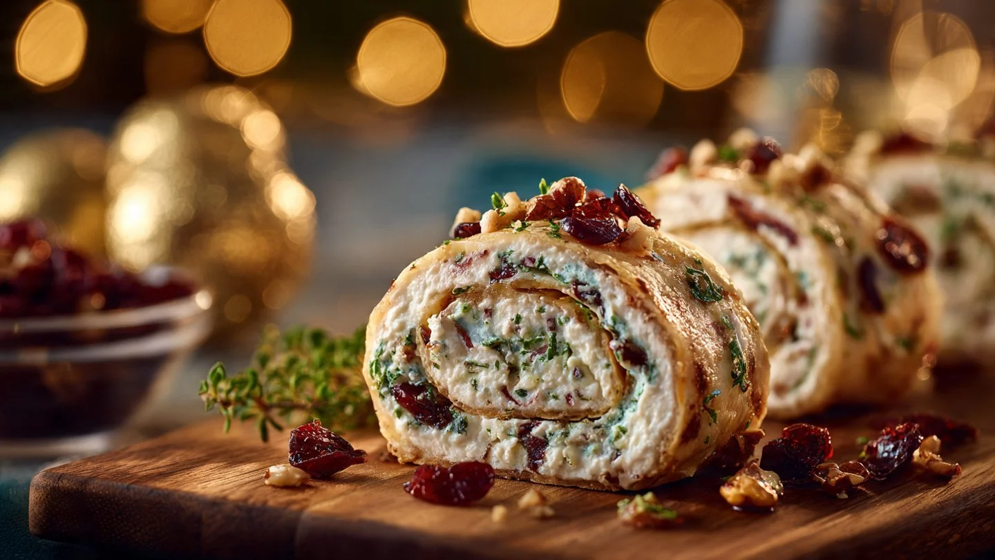 Cranberry Feta Roll-Ups appetizer on a platter with fresh herbs