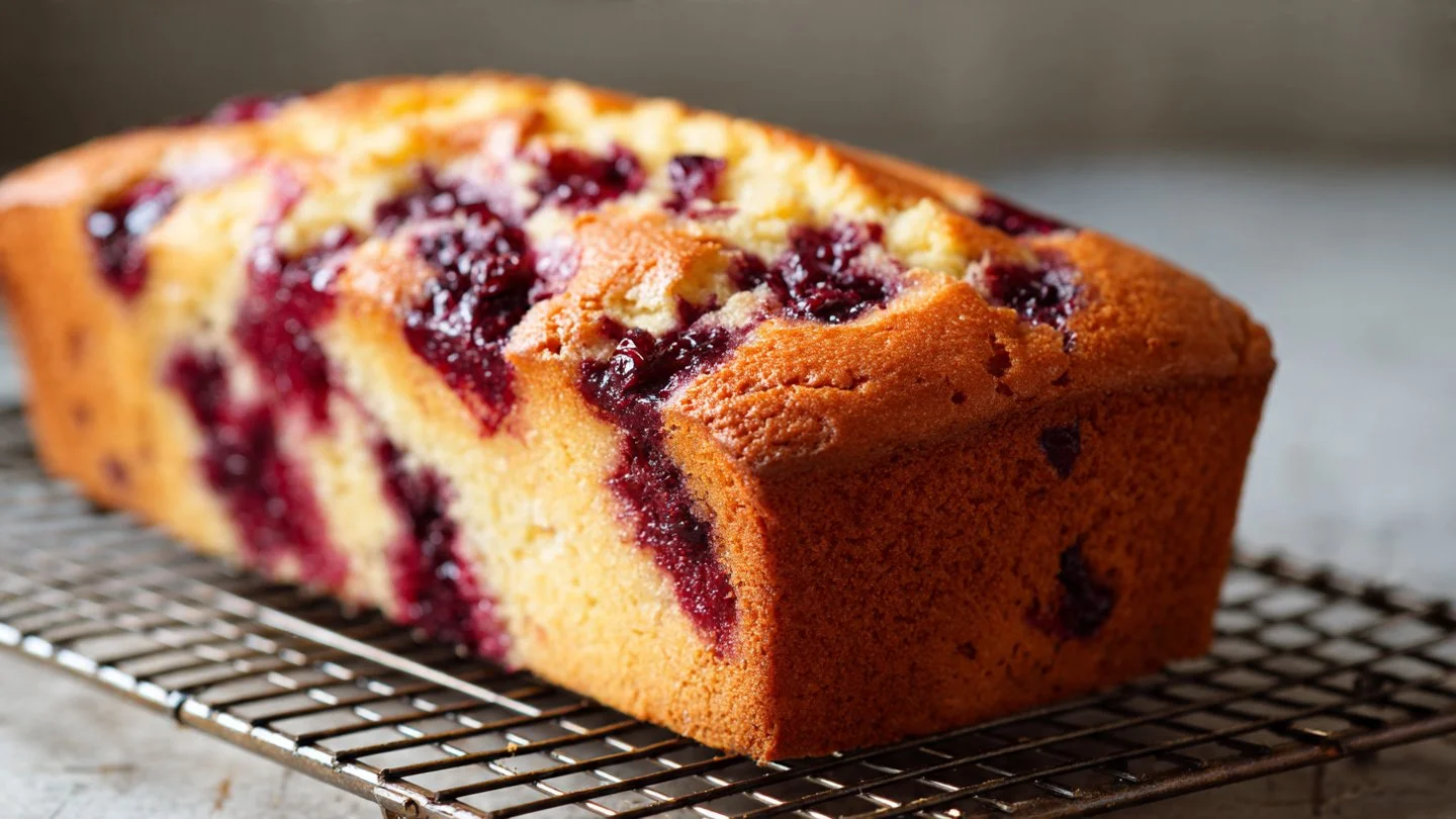 Cranberry sauce swirl pound cake with a vibrant fruit topping