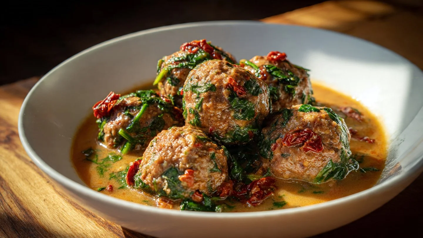 Creamy Tuscan low carb meatballs served in a white sauce with herbs.