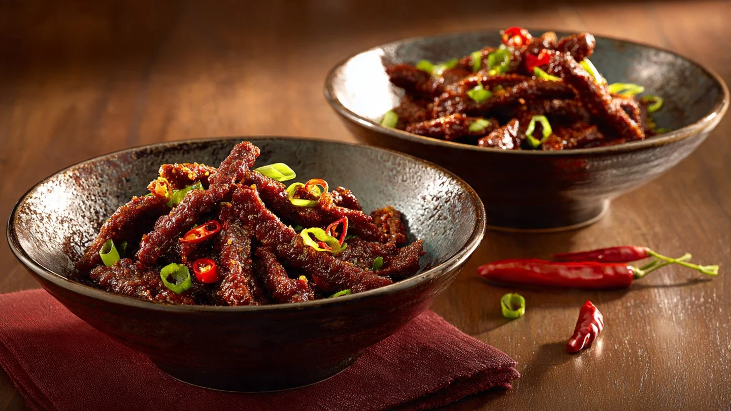 Plate of Crispy Chilli Beef with vibrant vegetables and garnish