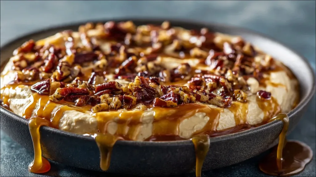 Decadent pecan pie dip served in a bowl with toppings, perfect for dessert parties.