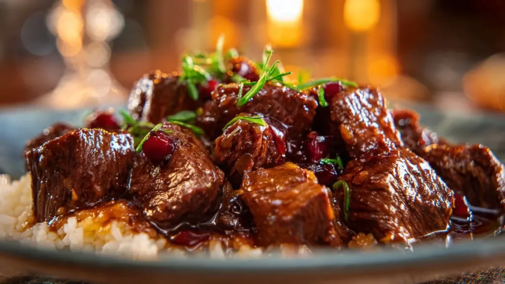 Delicious easy slow cooker Korean beef served with rice and vegetables