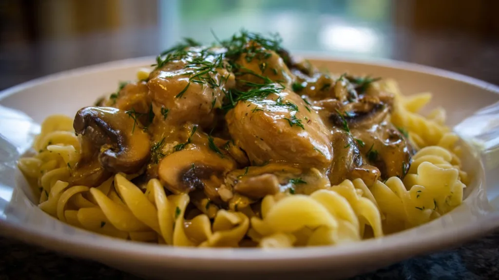 Delicious Chicken Stroganoff served with noodles and garnished with parsley.