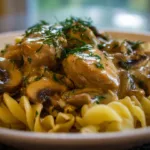 Delicious Chicken Stroganoff served with noodles and garnished with parsley.