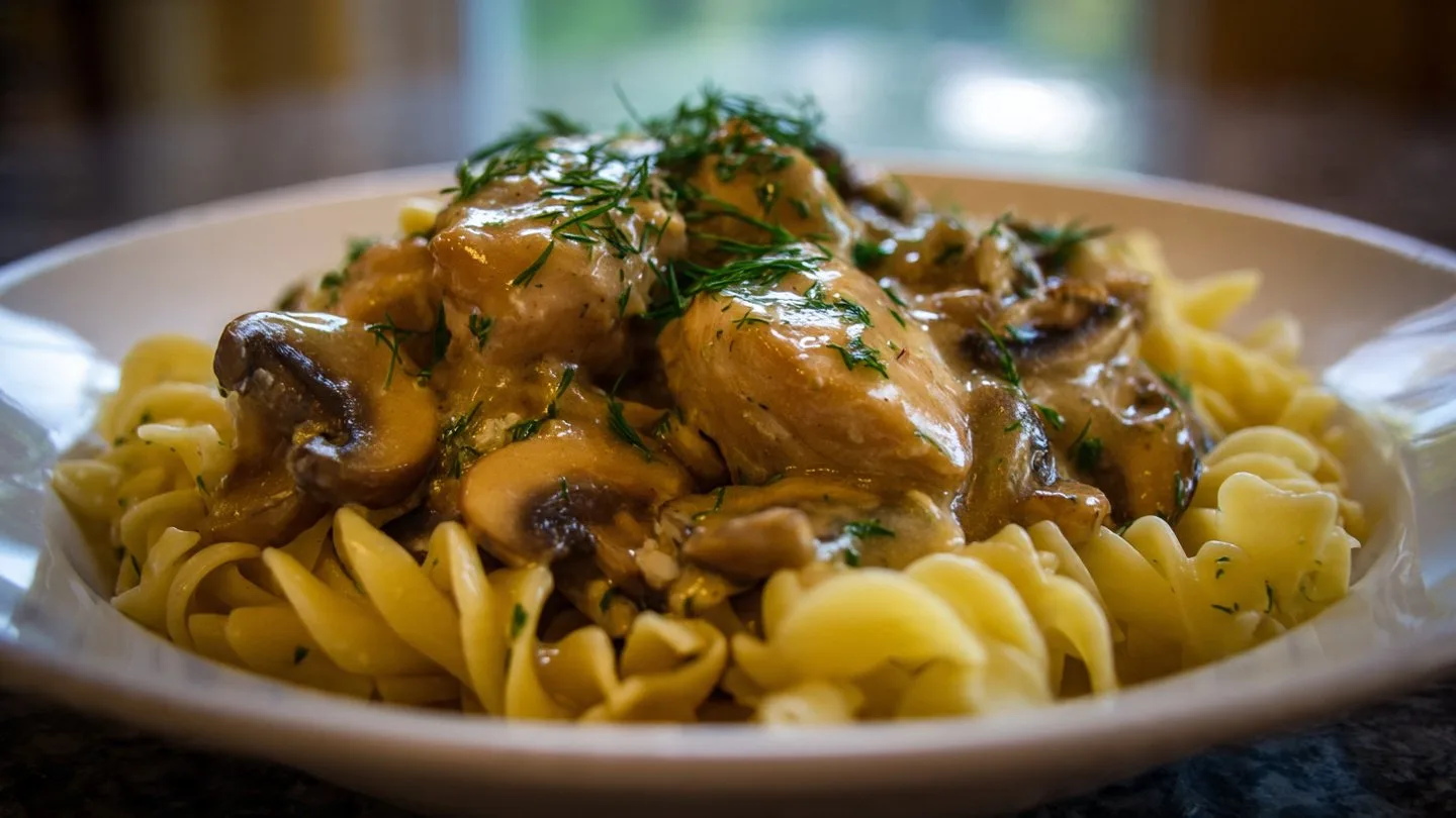 Chicken Stroganoff Chicken Stroganoff Delicious Chicken Stroganoff served with noodles and garnished with parsley.