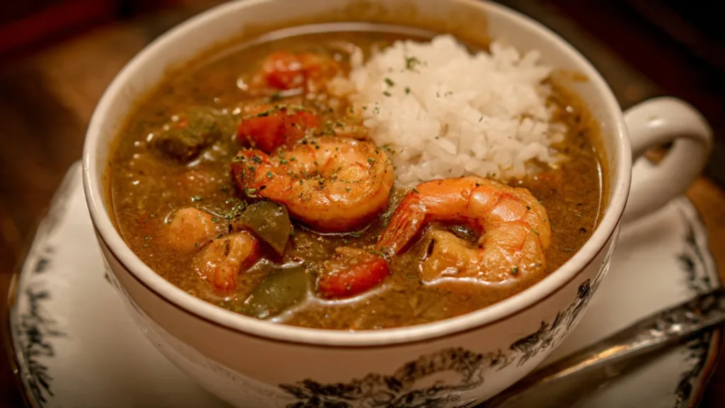 Bowl of authentic Louisiana Gumbo with shrimp, sausage, and vegetables