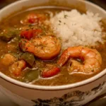 Bowl of authentic Louisiana Gumbo with shrimp, sausage, and vegetables