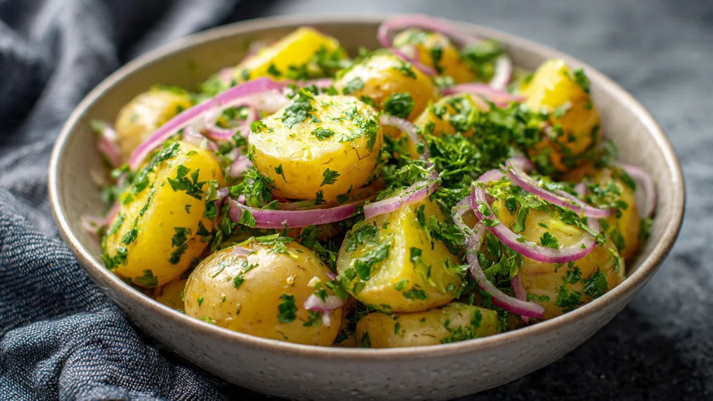 German Potato Salad German Potato Salad Delicious German Potato Salad served in a bowl with fresh herbs