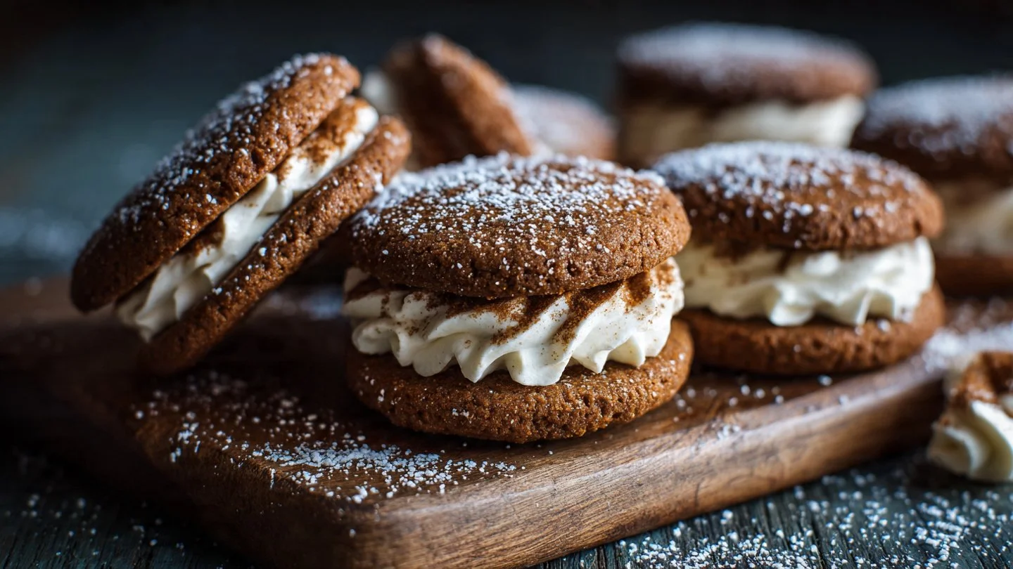 Gingerbread Cream Cheese Cookie Sandwiches Gingerbread Gingerbread cream cheese cookie sandwiches with festive decoration
