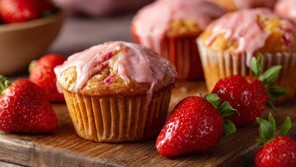 Gluten-free strawberry muffins topped with fresh strawberries on a wooden table