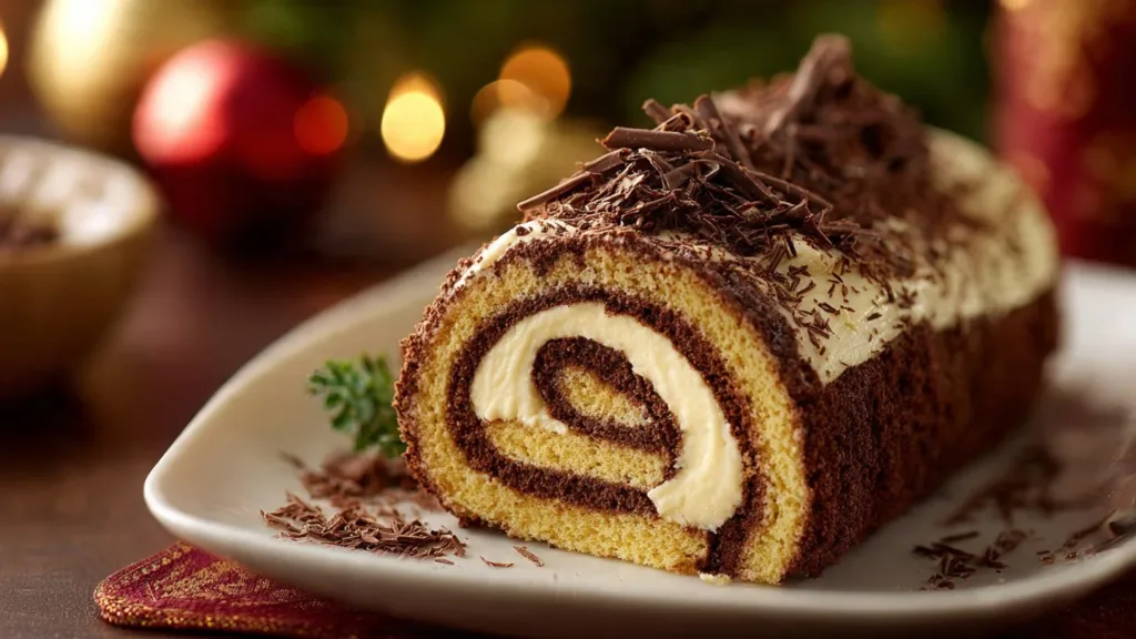 Gourmet Tiramisu Yule Log Cake beautifully presented for holiday festivities.