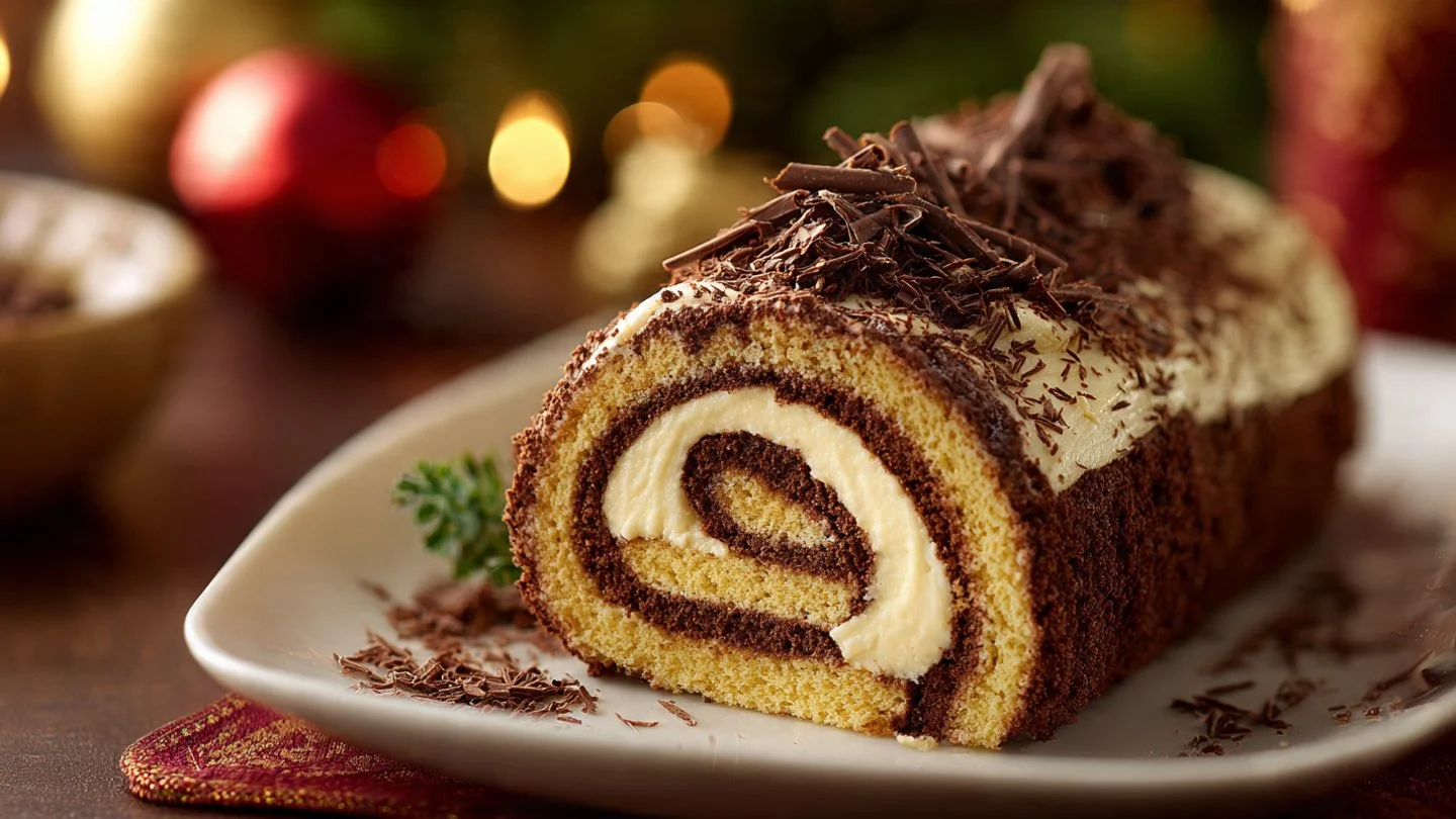 Gourmet Tiramisu Yule Log Cake beautifully presented for holiday festivities.