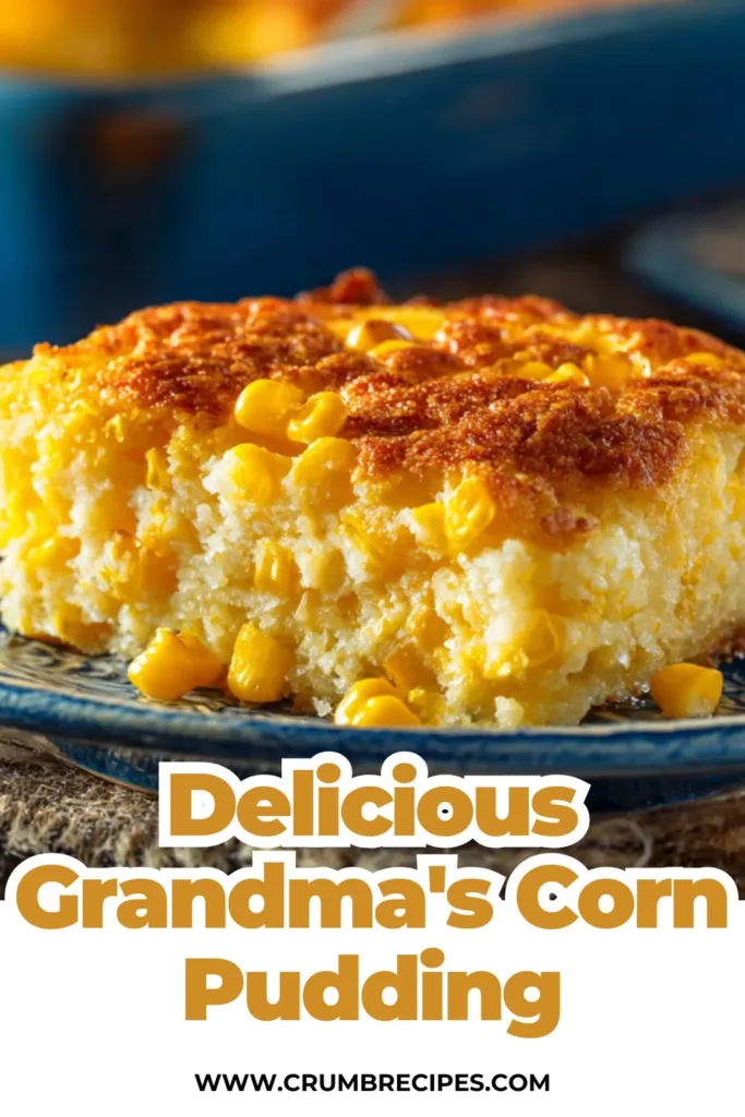 Grandma's Corn Pudding corn pudding A golden dish of Grandma's Corn Pudding, warm and inviting, served in a rustic kitchen.