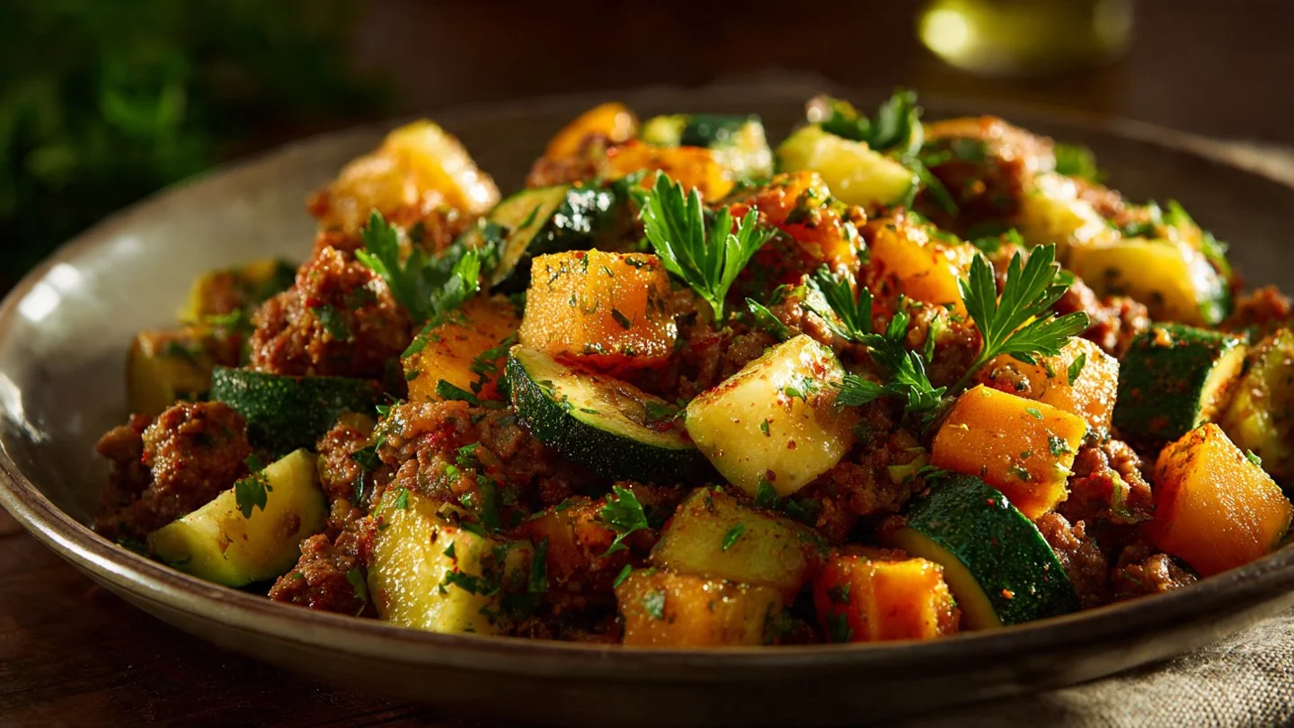 Ground Beef Zucchini Sweet Potato Skillet Ground Beef Zucchini Ground Beef Zucchini Sweet Potato Skillet in a frying pan