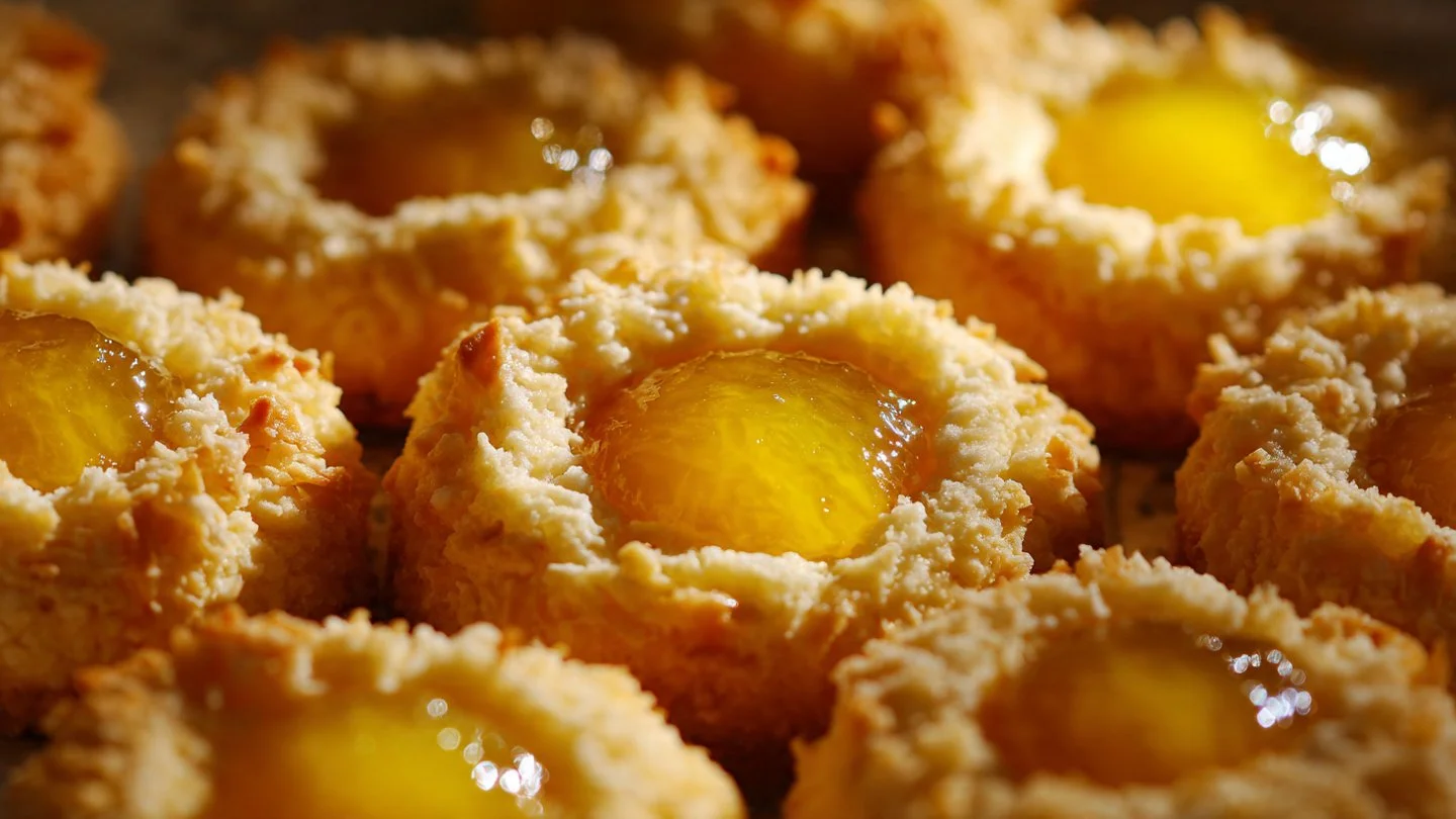 Hawaiian pineapple coconut thumbprint cookies on a plate