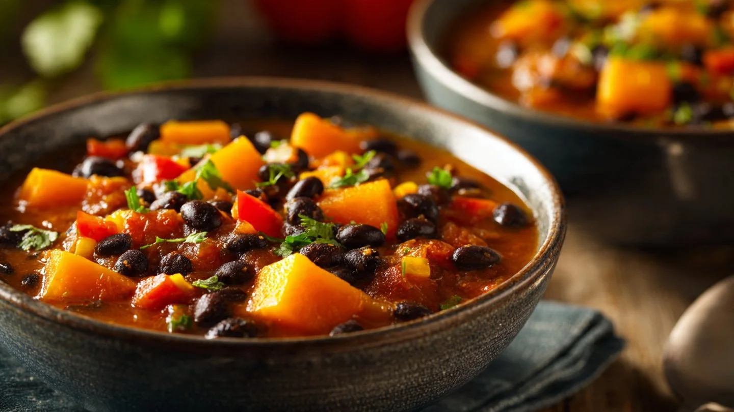 Hearty black bean squash stew in a bowl garnished with fresh herbs