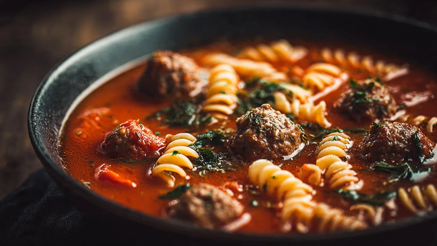 Bowl of delicious Italian meatball soup with fresh herbs and vegetables